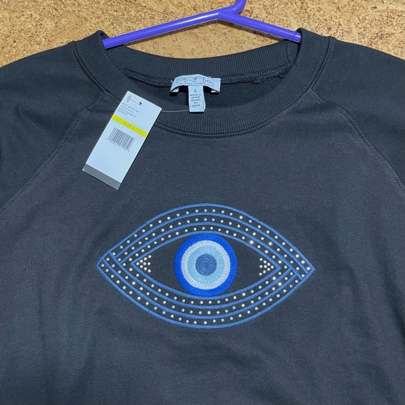Sofia Vergara Embroidered Evil Eye Drop Shoulder Sweatshirt NWT In Black Sz L - Picture 8 of 13